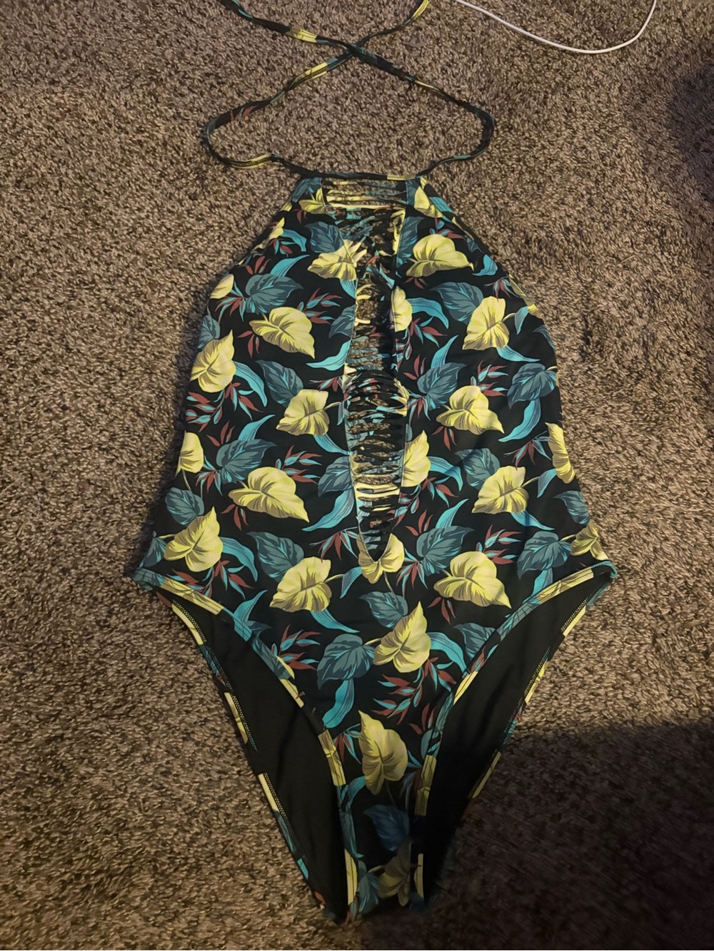 Tropical Halter One-Piece Swimsuit with Front cutout Detail